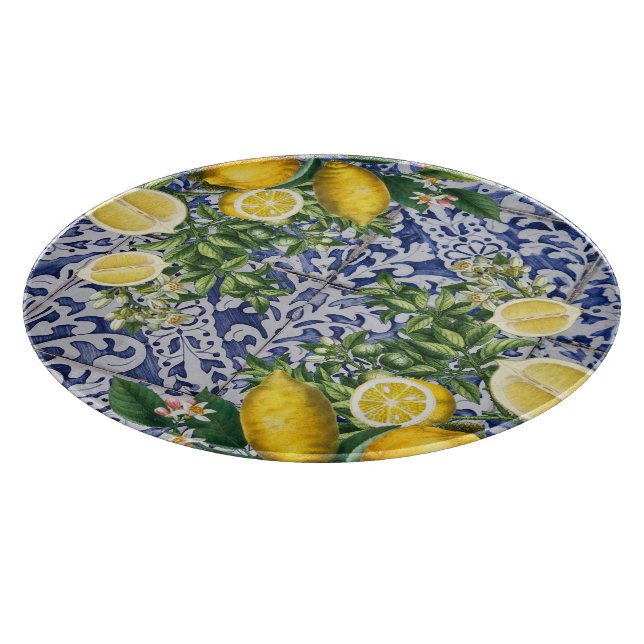 Mediterranean Lemons Summer Portuguese Tiles Cutting Board (Corner)