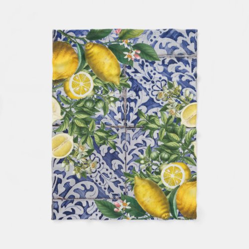 Mediterranean Lemons Summer Portuguese Tiles  Fleece Blanket