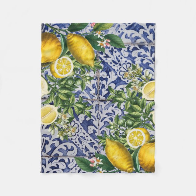Mediterranean Lemons Summer Portuguese Tiles  Fleece Blanket (Front)