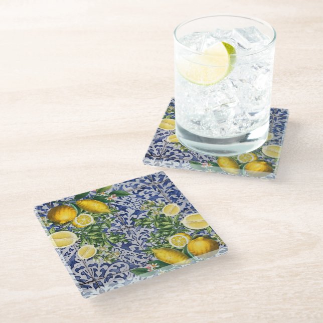 Mediterranean Lemons Summer Portuguese Tiles  Glass Coaster (Angled)