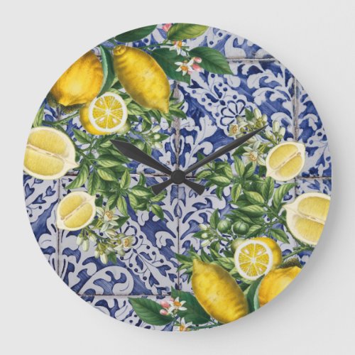 Mediterranean Lemons Summer Portuguese Tiles  Large Clock