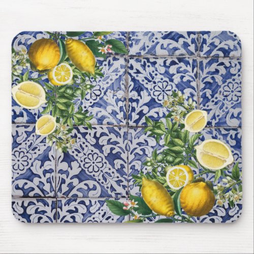 Mediterranean Lemons Summer Portuguese Tiles  Mouse Pad
