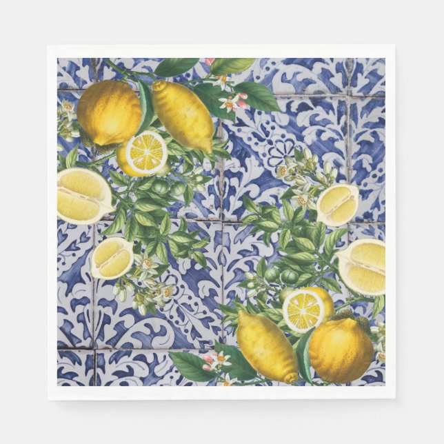 Mediterranean Lemons Summer Portuguese Tiles Napkins (Front)