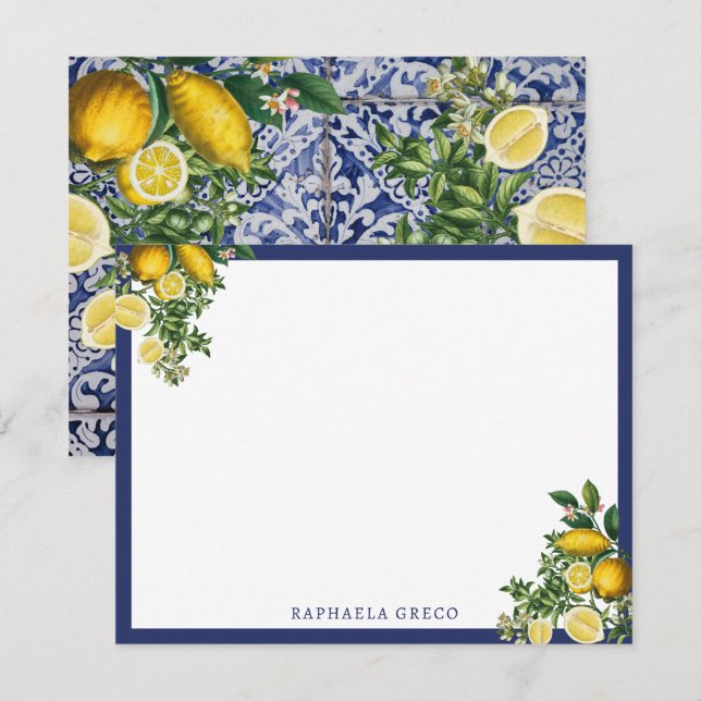 Mediterranean Lemons Summer Portuguese Tiles  Note Card (Front/Back)