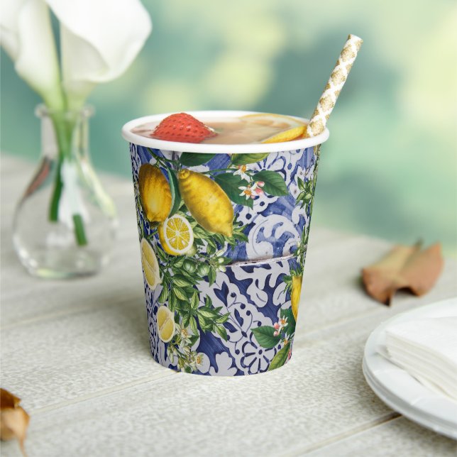 Mediterranean Lemons Summer Portuguese Tiles  Paper Cups (Insitu)