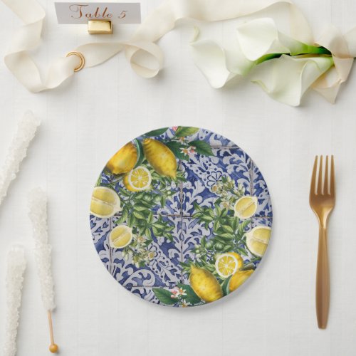 Mediterranean Lemons Summer Portuguese Tiles Paper Plates