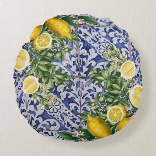 Mediterranean Lemons Summer Portuguese Tiles  Round Pillow