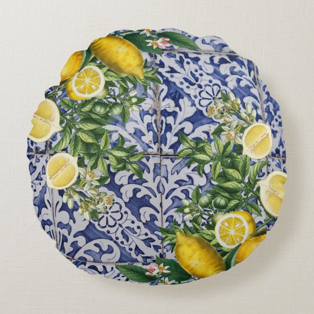Mediterranean Lemons Summer Portuguese Tiles  Round Pillow (Front)