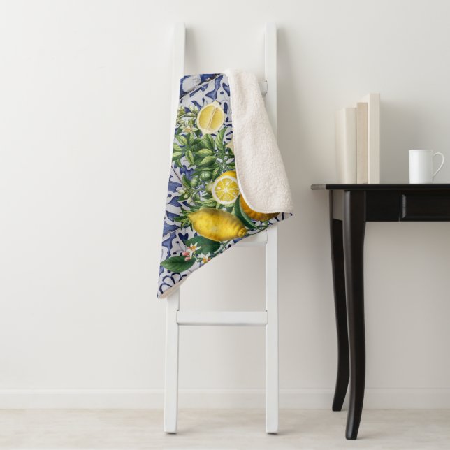 Mediterranean Lemons Summer Portuguese Tiles Sherpa Blanket (In Situ)