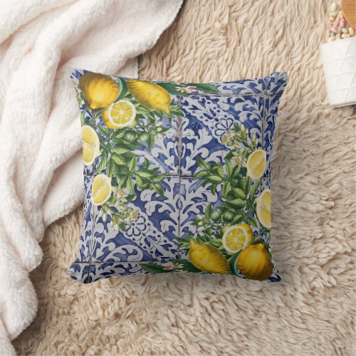 Mediterranean Lemons Summer Portuguese Tiles  Throw Pillow