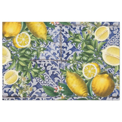 Mediterranean Lemons Summer Portuguese Tiles  Tissue Paper