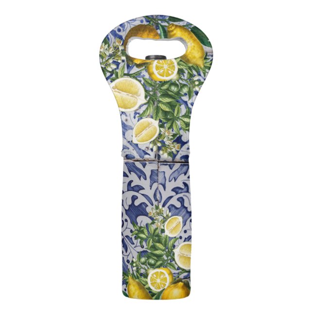 Mediterranean Lemons Summer Portuguese Tiles   Wine Bag (Front)