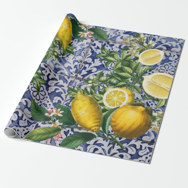 Mediterranean Lemons Summer Portuguese Tiles  Wrapping Paper (Unrolled)