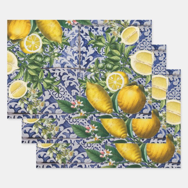 Mediterranean Lemons Summer Portuguese Tiles Wrapping Paper Sheets (Set)