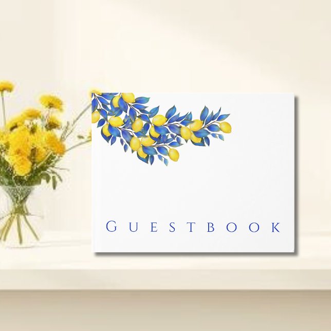 Mediterranean-Lemons-Wedding Guest Book (Mediterranean Lemons Collection-Thank You-Amalfi Italy, Yellow and Blue, Citrus)