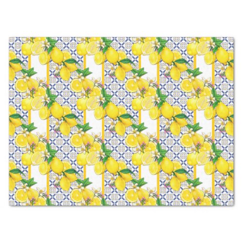 Mediterranean Lemons Yellow And Blue Pattern Tissue Paper
