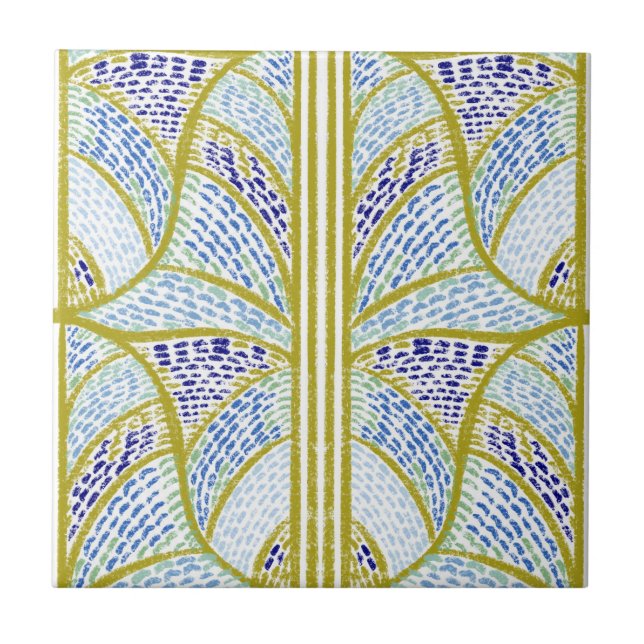 Mediterranean Lime Green & Blue Mosaic Pattern  Ceramic Tile (Front)
