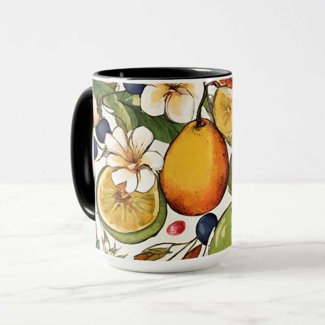 Mediterranean Limes, Lemons and Flowers. Painted Mug (Front Left)