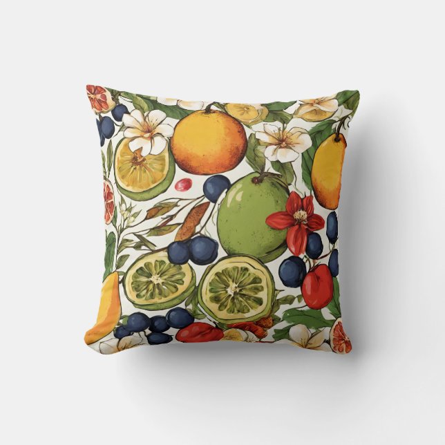 Mediterranean Limes, Lemons and Flowers. Painted Throw Pillow (Front)