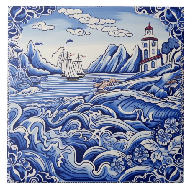 Mediterranean lovers blue white ceramic tile (Front)