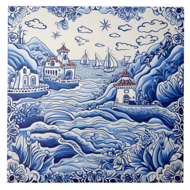 Mediterranean lovers blue white  ceramic tile (Front)