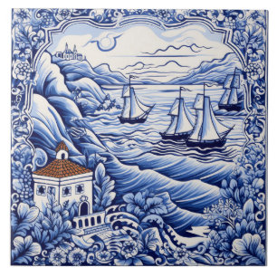 Mediterranean lovers blue white ceramic tile