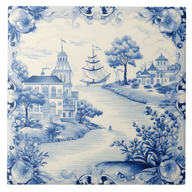 Mediterranean lovers blue white  ceramic tile (Front)