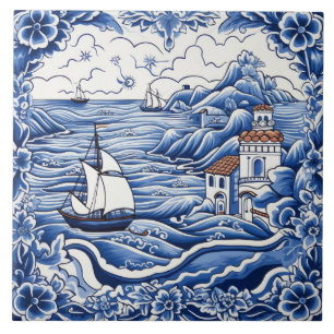 Mediterranean lovers blue white ceramic tile