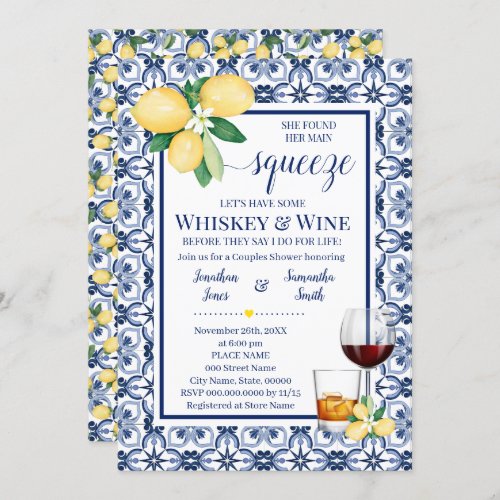 Mediterranean Main Squeeze Whiskey  Wine Shower Invitation