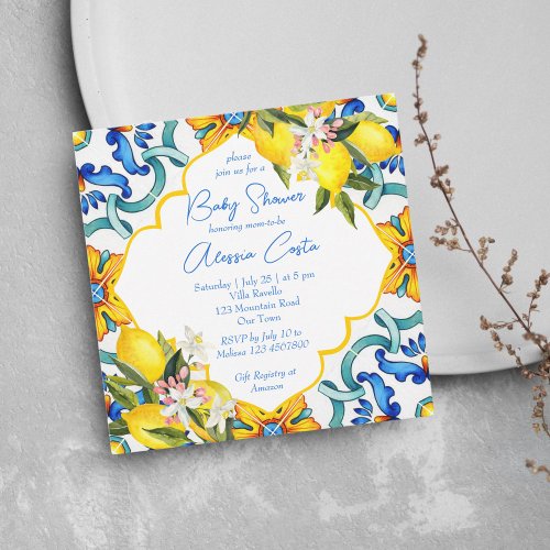 Mediterranean Majolica tiles lemons baby shower Invitation