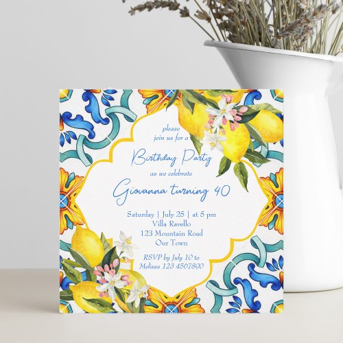 Mediterranean Majolica tiles lemons birthday party Invitation