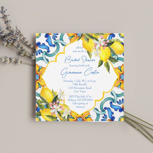 Mediterranean Majolica tiles lemons bridal shower Invitation