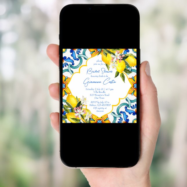 Mediterranean Majolica tiles lemons bridal shower Invitation (Front Digital)