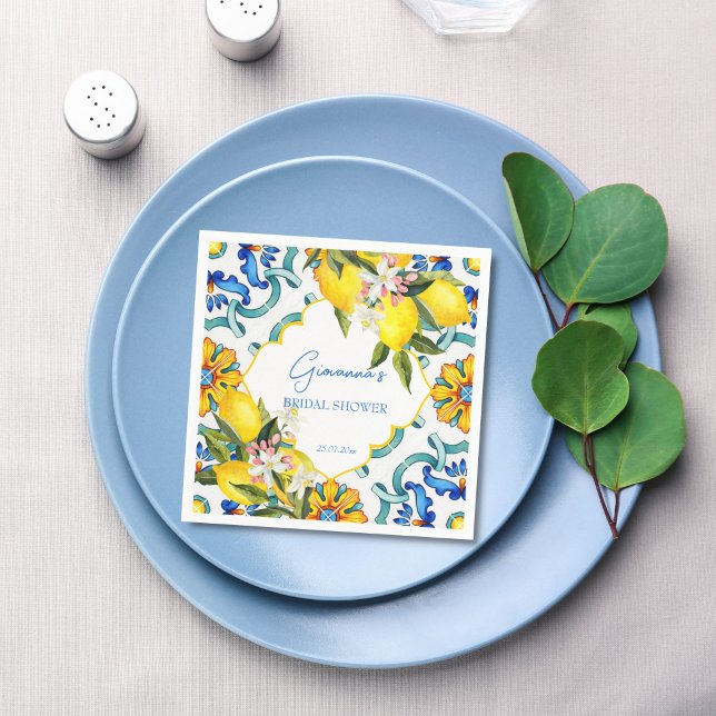 Mediterranean Majolica tiles lemons bridal shower Napkins (Mediterranean Majolica blue tiles lemons bridal shower personalized printed Napkins table decor)
