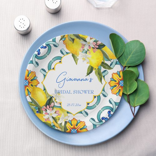 Mediterranean Majolica tiles lemons bridal shower Paper Plates