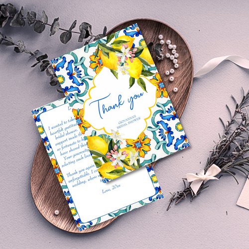 Mediterranean Majolica tiles lemons bridal shower Thank You Card