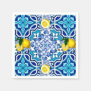 Mediterranean,majolica,tiles ,lemons,citrus  napkins