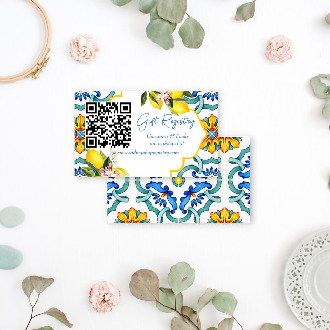 Mediterranean Majolica tiles lemons gift registry Enclosure Card (Mediterranean Majolica tiles lemons bridal shower wedding gift registry Enclosure Card)