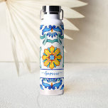 Mediterranean Majolica tiles print blue and yellow Water Bottle<br><div class="desc">Bridesmaid gift bridal party favors Majolica blue yellow tiles personalized name water bottle.</div>