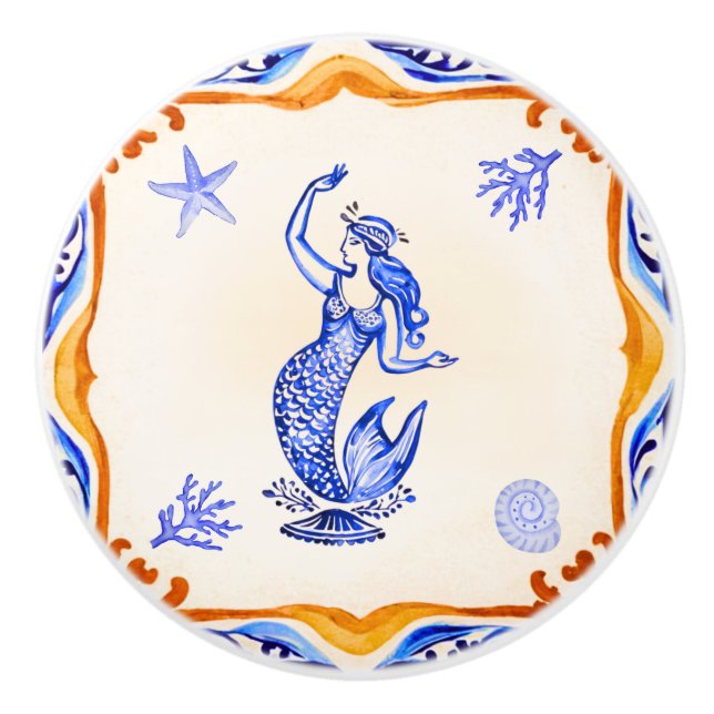 Mediterranean Mermaid Ceramic Knob (Front)