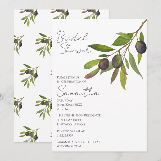Mediterranean Minimal Olive Branch Bridal Shower   Invitation (Front/Back)