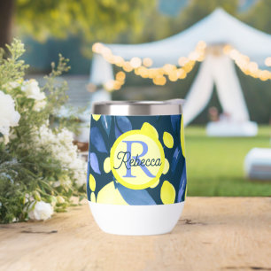 Mediterranean Monogram Name Chic Lemons Blue Leaf Thermal Wine Tumbler