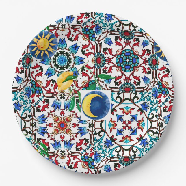 Mediterranean,Moroccan,mosaic,lemon art Paper Plates (Front)