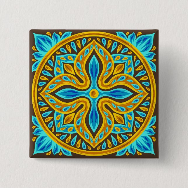 Mediterranean Moroccan Tile Pattern Blue and Gold Button (Front)