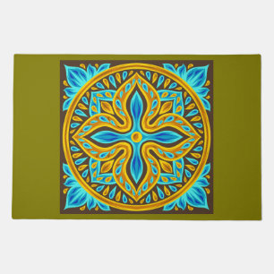 Mediterranean Moroccan Tile Pattern Blue and Gold Doormat