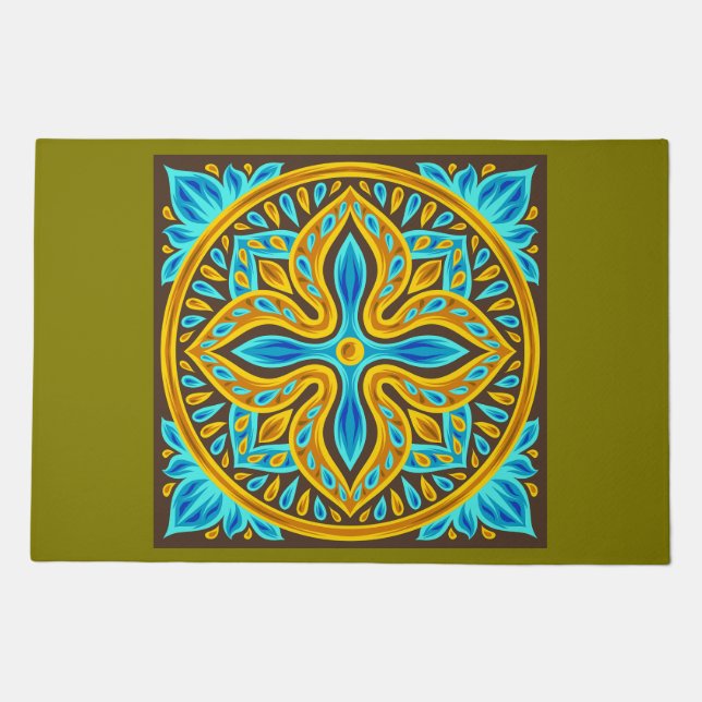 Mediterranean Moroccan Tile Pattern Blue and Gold Doormat (Front)