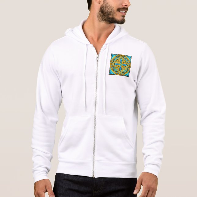 Mediterranean Moroccan Tile Pattern Blue and Gold Hoodie (Front)