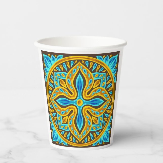 Mediterranean Moroccan Tile Pattern Blue and Gold Paper Cups (Front)