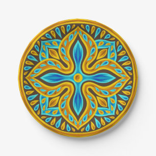 Mediterranean Moroccan Tile Pattern Blue and Gold Paper Plates