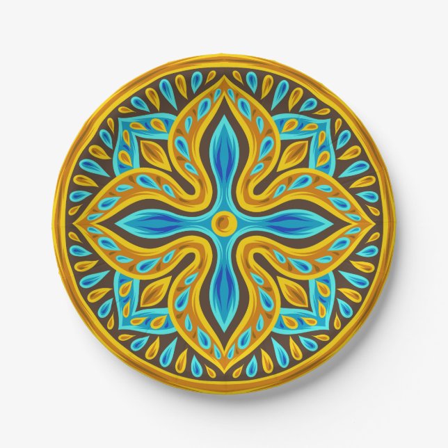 Mediterranean Moroccan Tile Pattern Blue and Gold Paper Plates (Front)